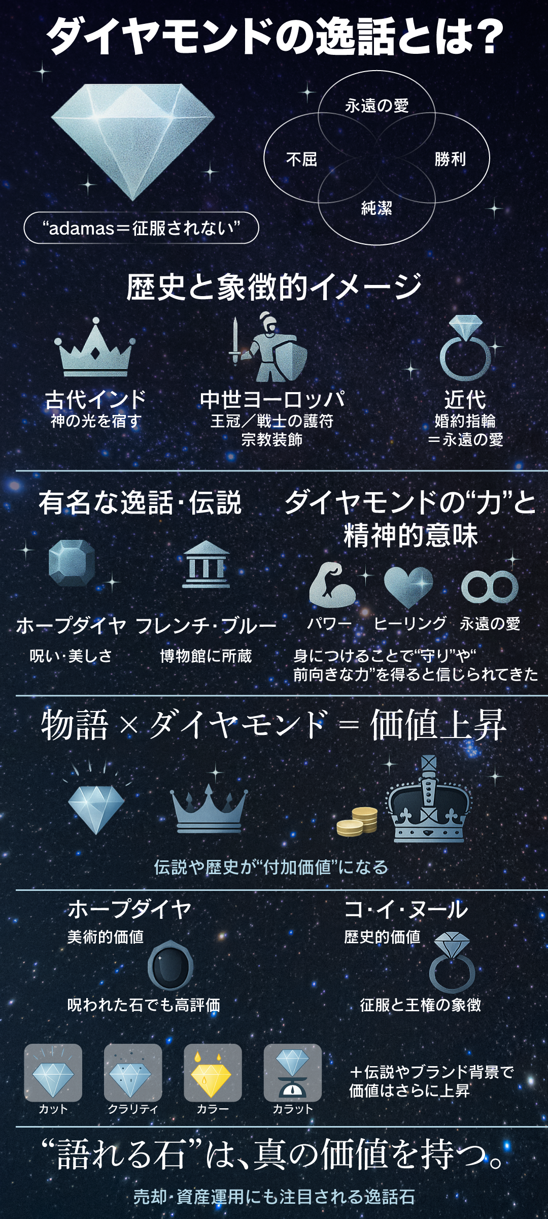 ダイヤモンドの逸話とは？石言葉のイメージから知る、宝石の魅力と資産価値を徹底解説