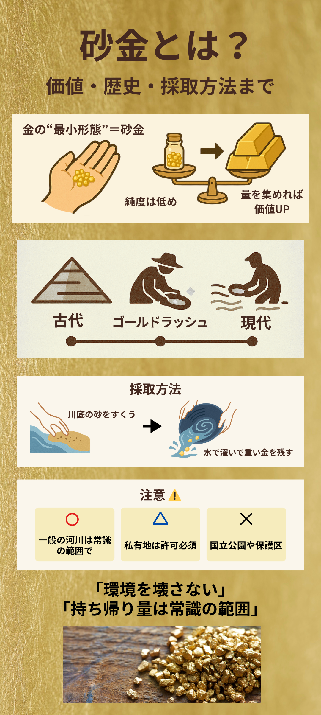 砂金とは?価値・歴史・採取方法をわかりやすく解説|ナゲットとの違いや法律も紹介