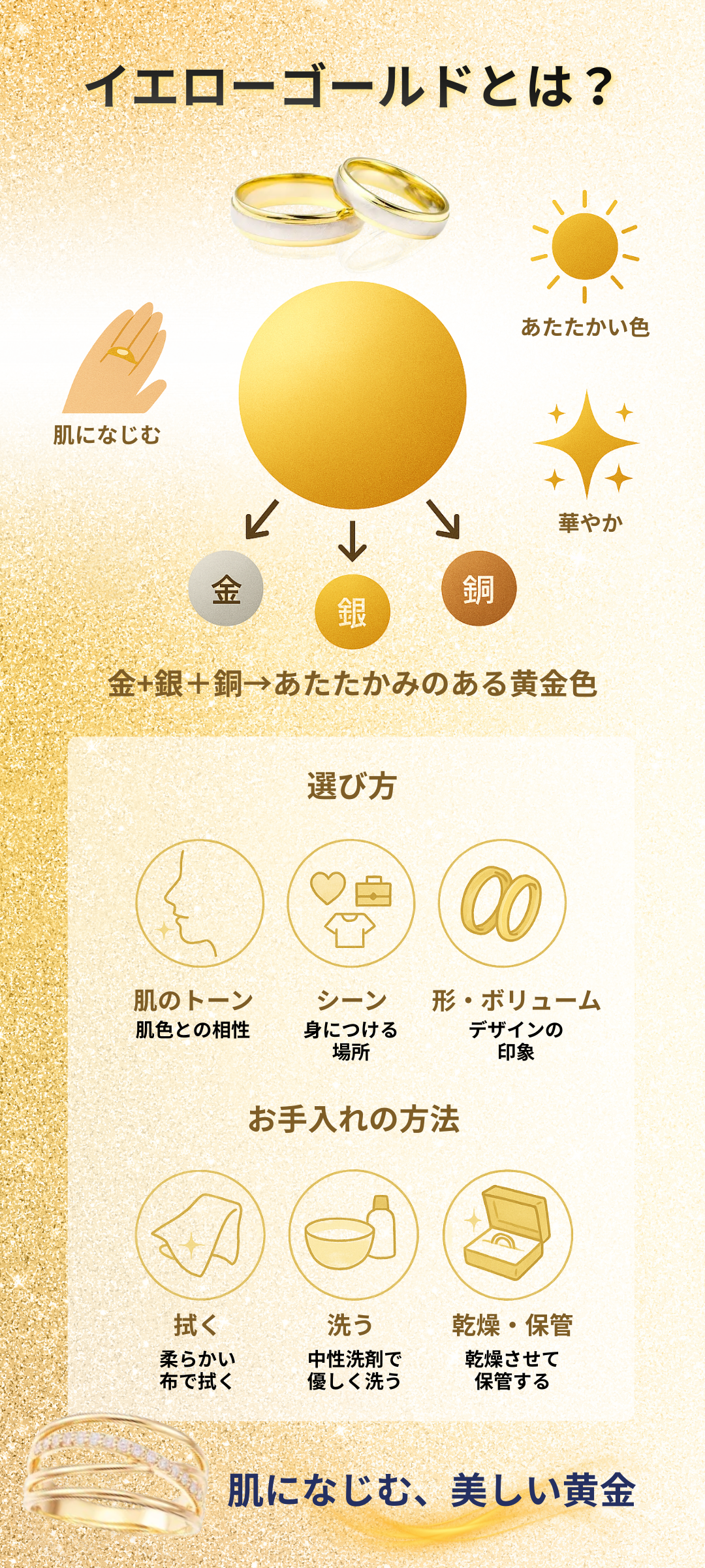 イエローゴールドの特徴とは？魅力から選び方、お手入れ方法まで徹底解説