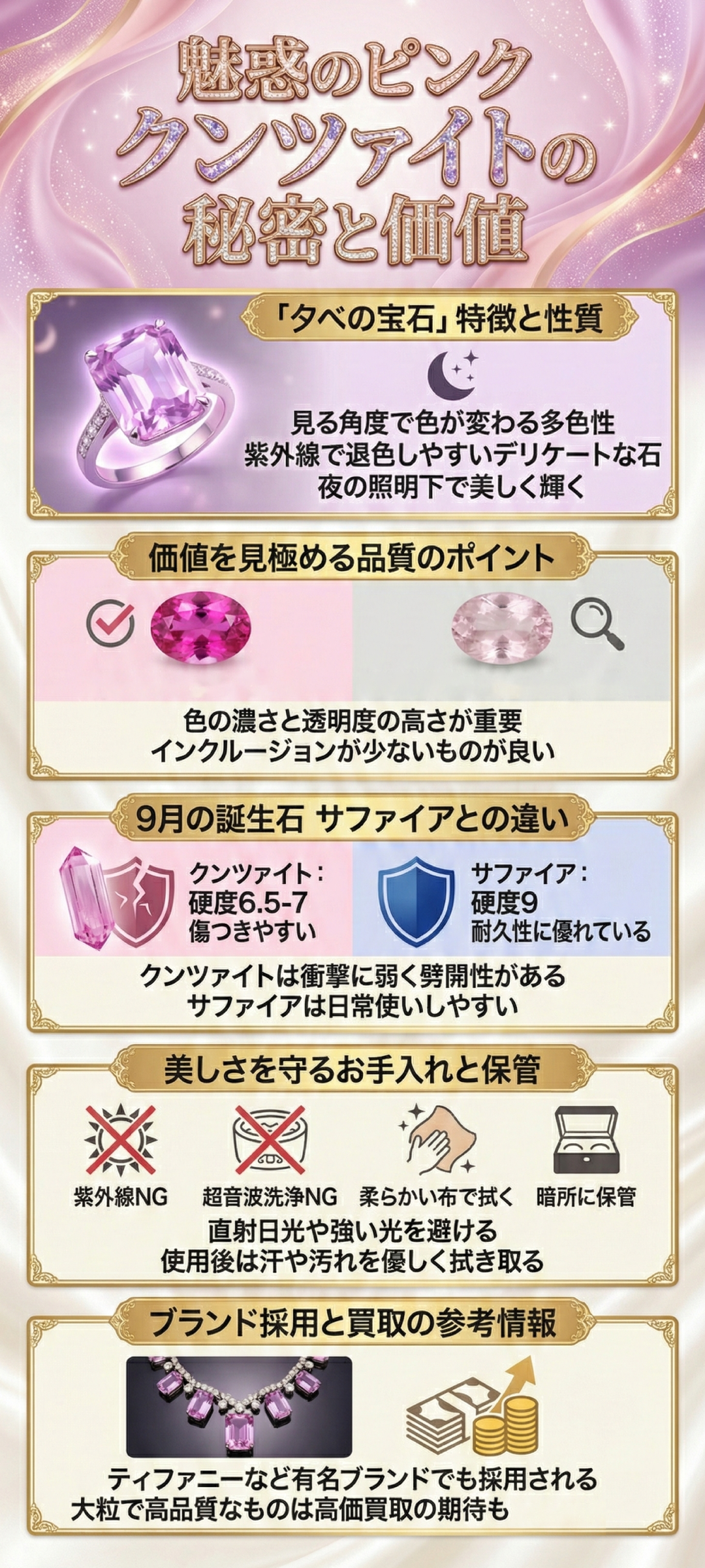 クンツァイトとはどんな宝石？特徴・石言葉・誕生石の由来からお手入れ方法まで徹底解説