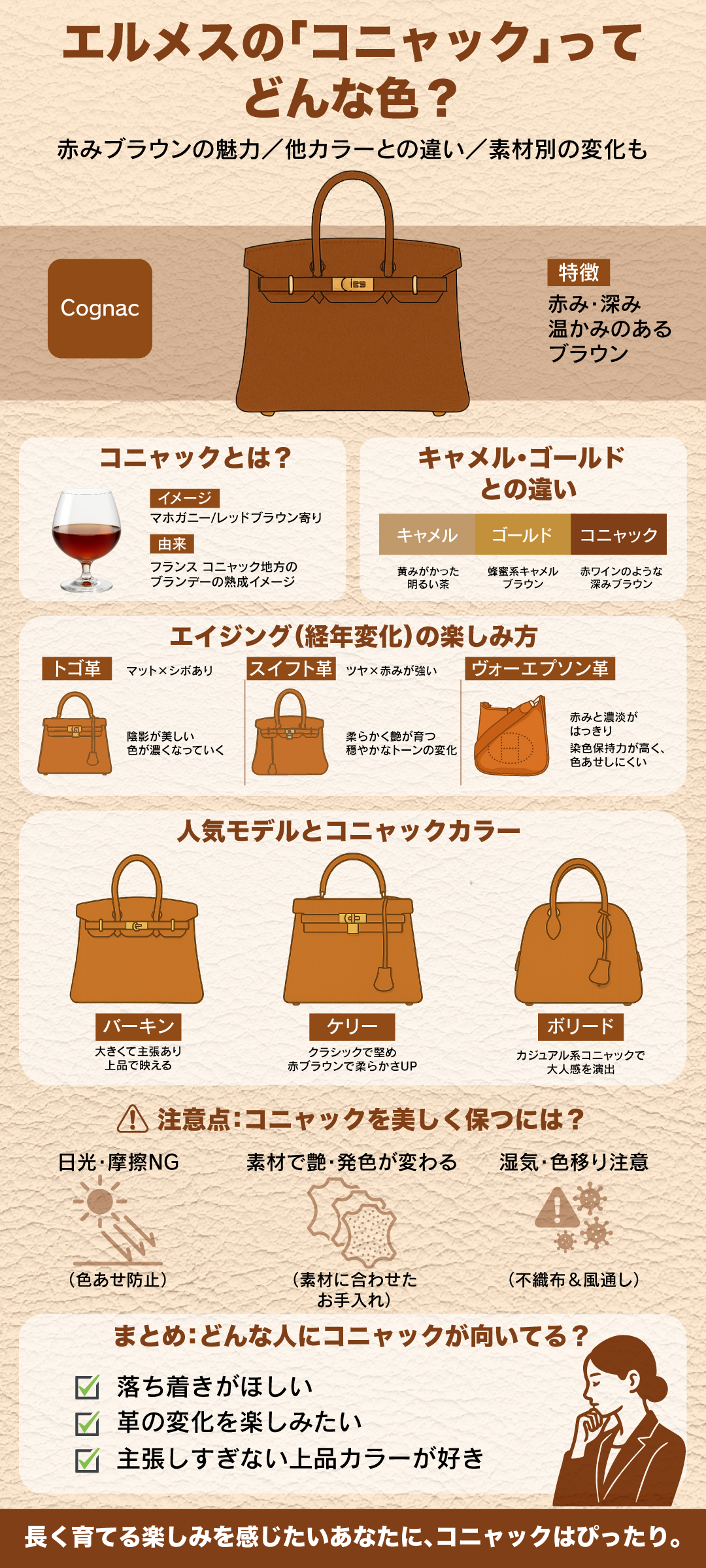 エルメスのコニャックとは？色の特徴・キャメルやゴールドとの違い・人気モデルまで徹底解説