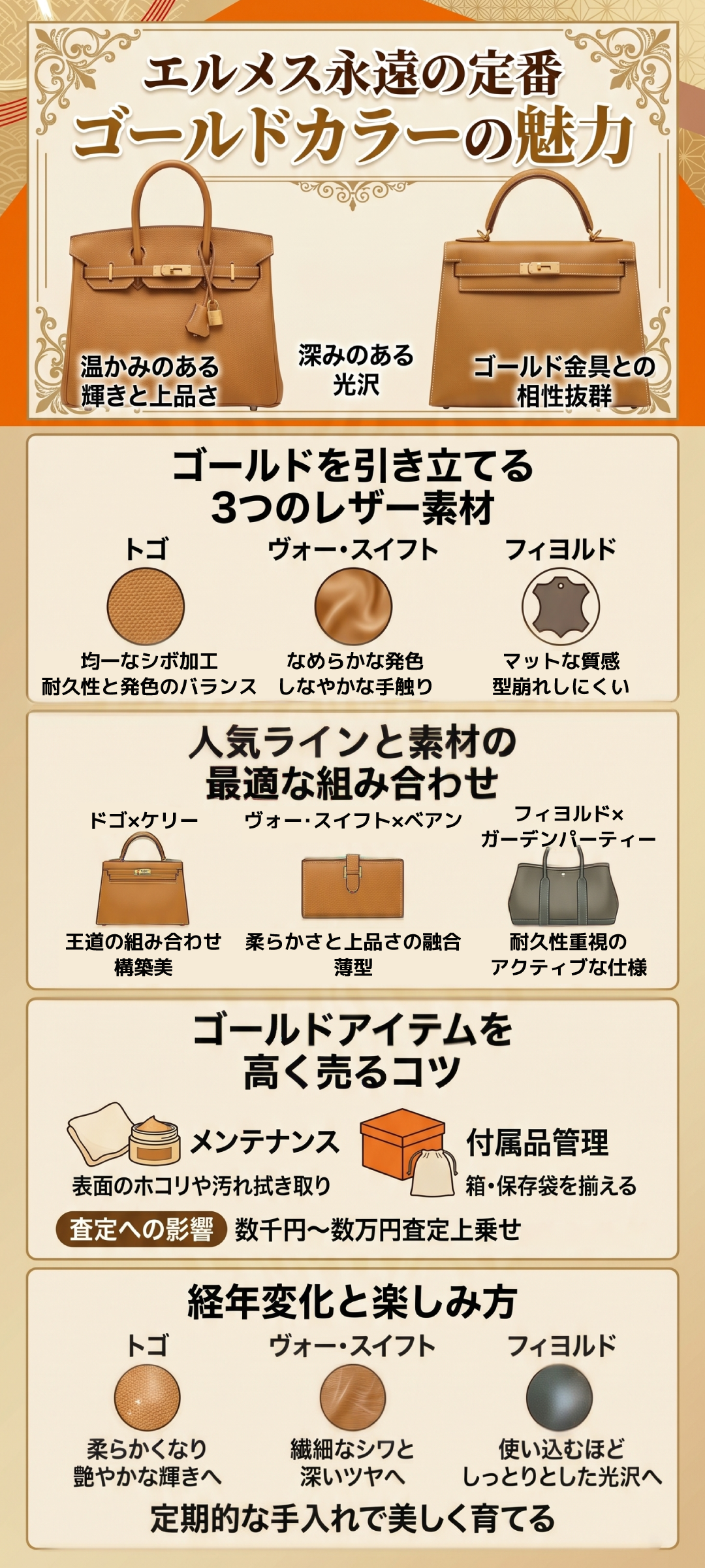 エルメスの定番カラー「ゴールドカラー」はなぜ人気？3つの素材と最適なラインを徹底解説