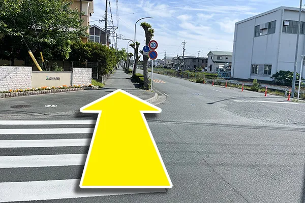 道なりに進み、横断歩道を渡ります。

