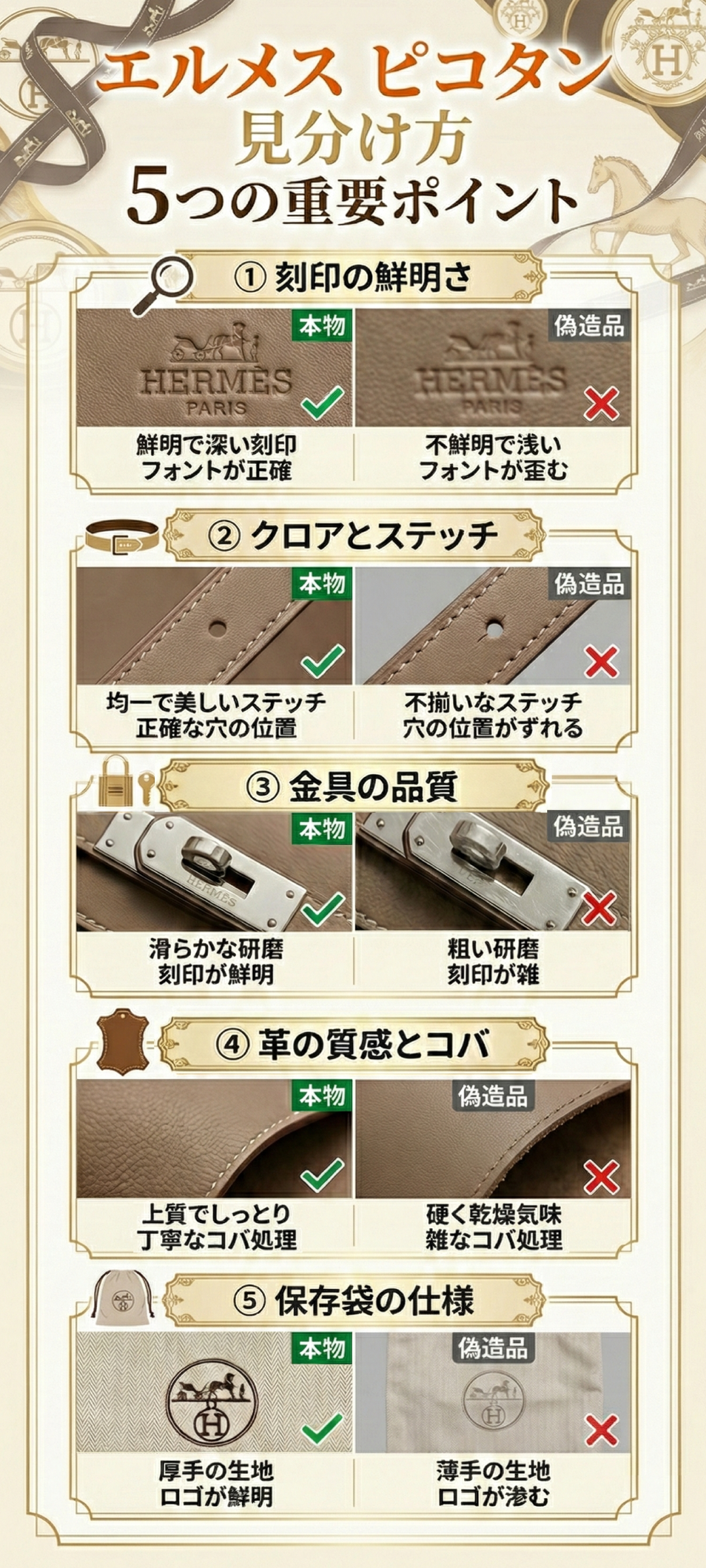 エルメス ピコタンの偽物の見分け方5選｜刻印・クロア・金具・革・保存袋のポイント解説