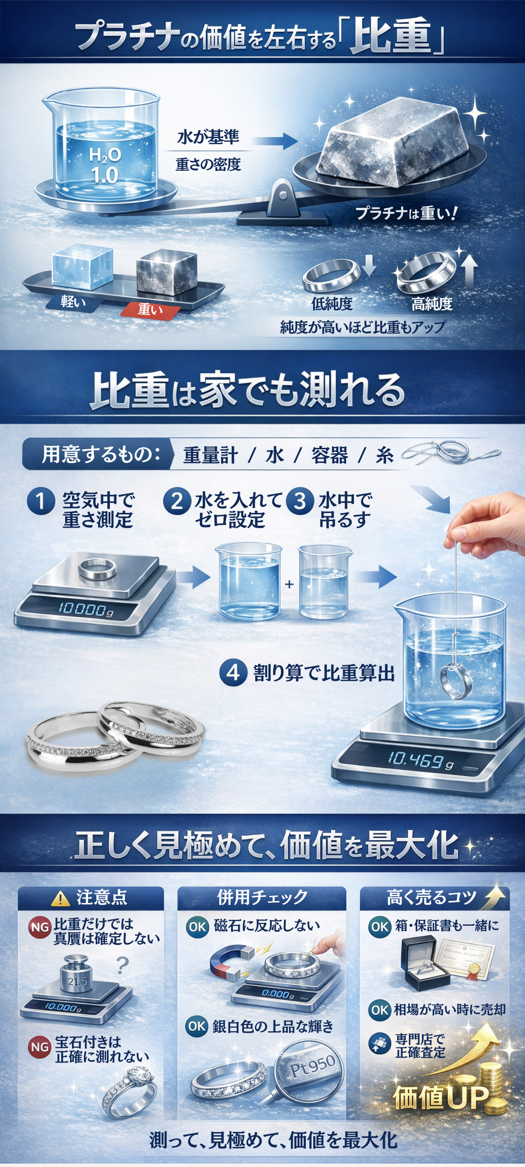 プラチナの比重とは?自分で調べる方法や高く売却するためのポイントをご紹介
