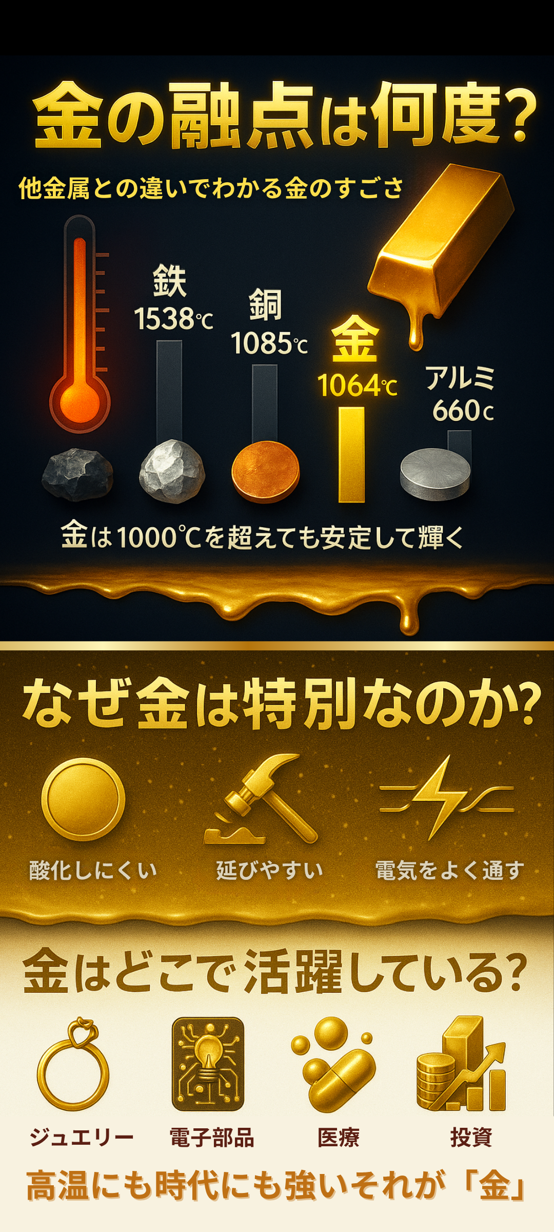 金の融点は何度？他金属との比較から金の特性を活かした用途まで徹底解説