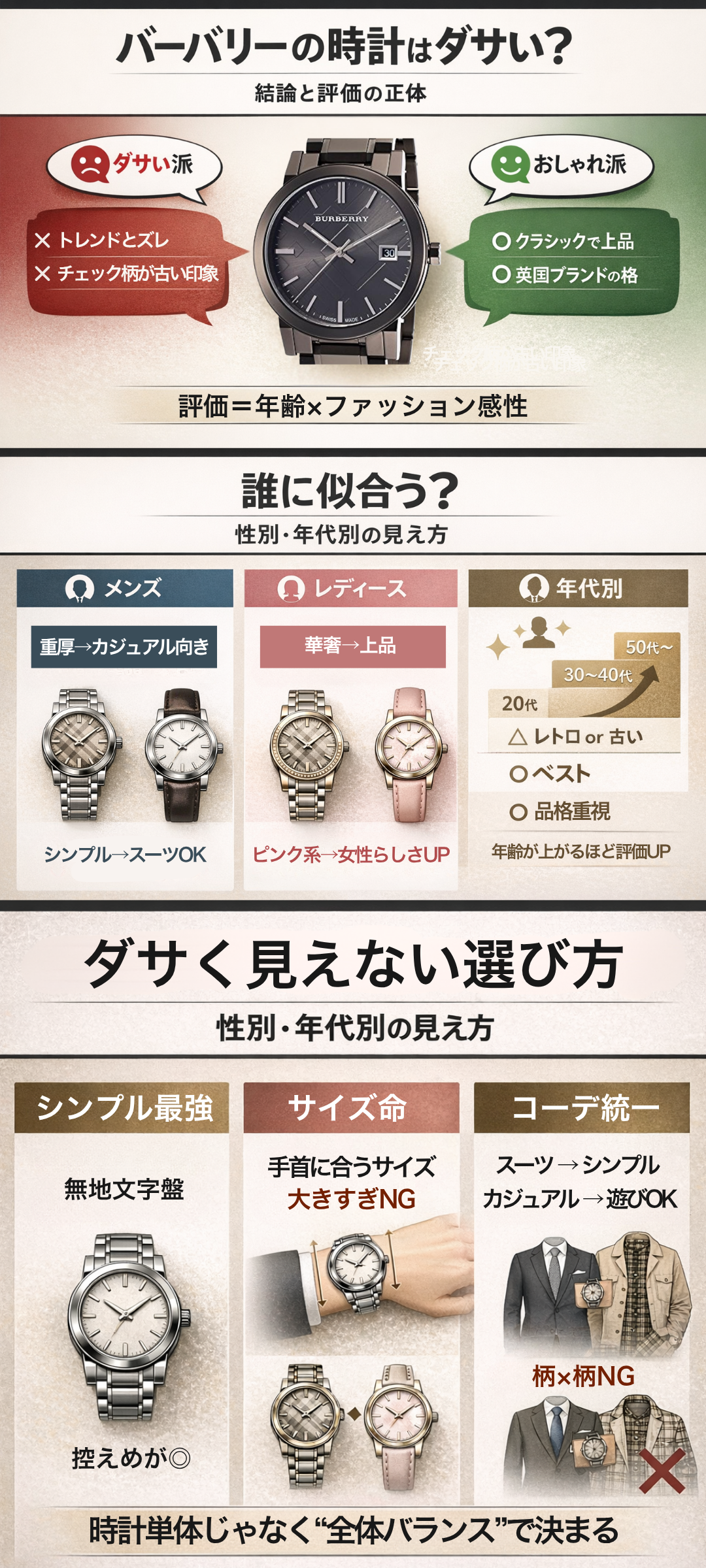 バーバリーの時計はダサいのか?メンズ・レディース別の印象と年齢別選び方を解説