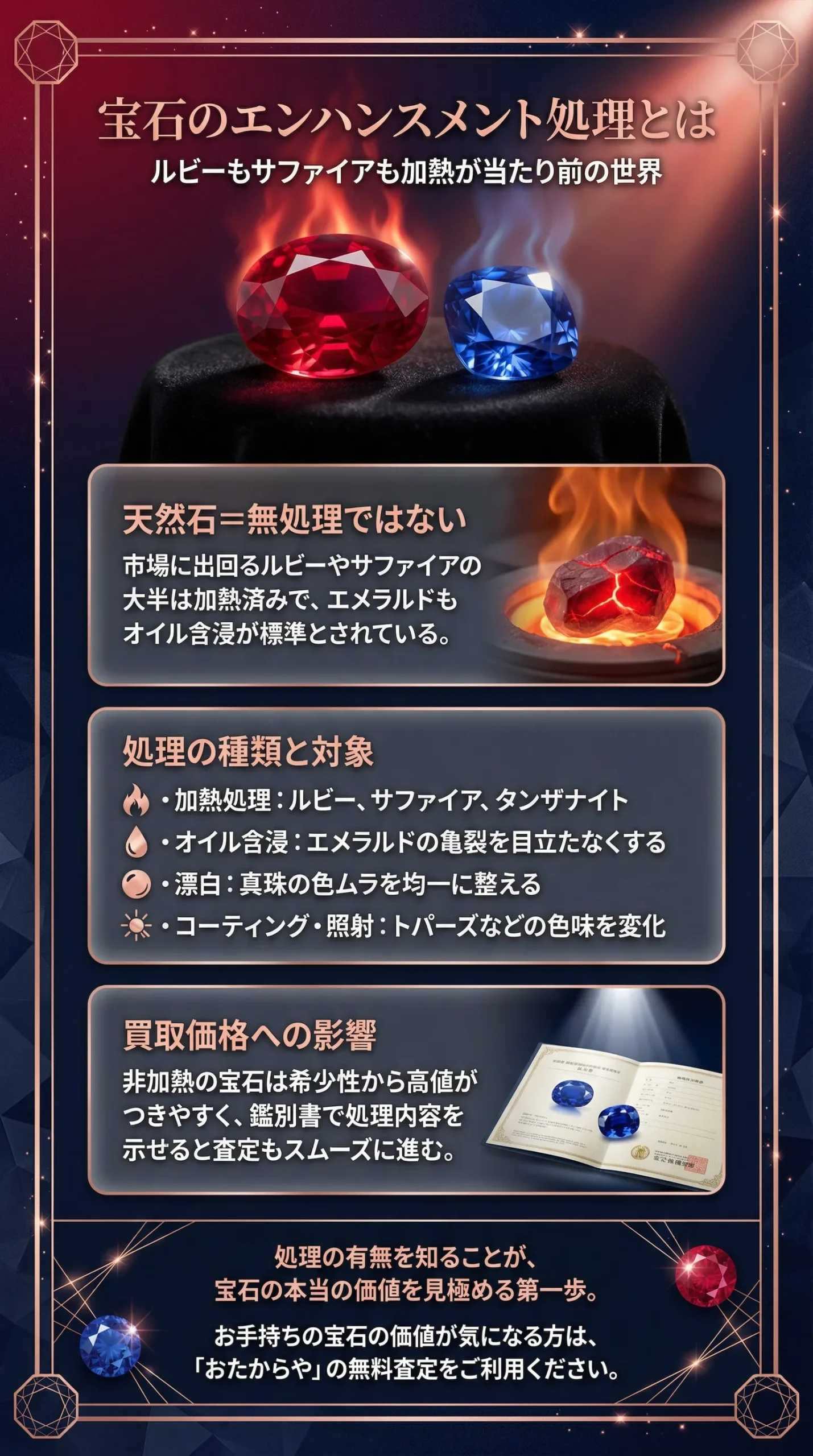 エンハンスメント処理された宝石一覧|ルビーやサファイアは加熱されている?