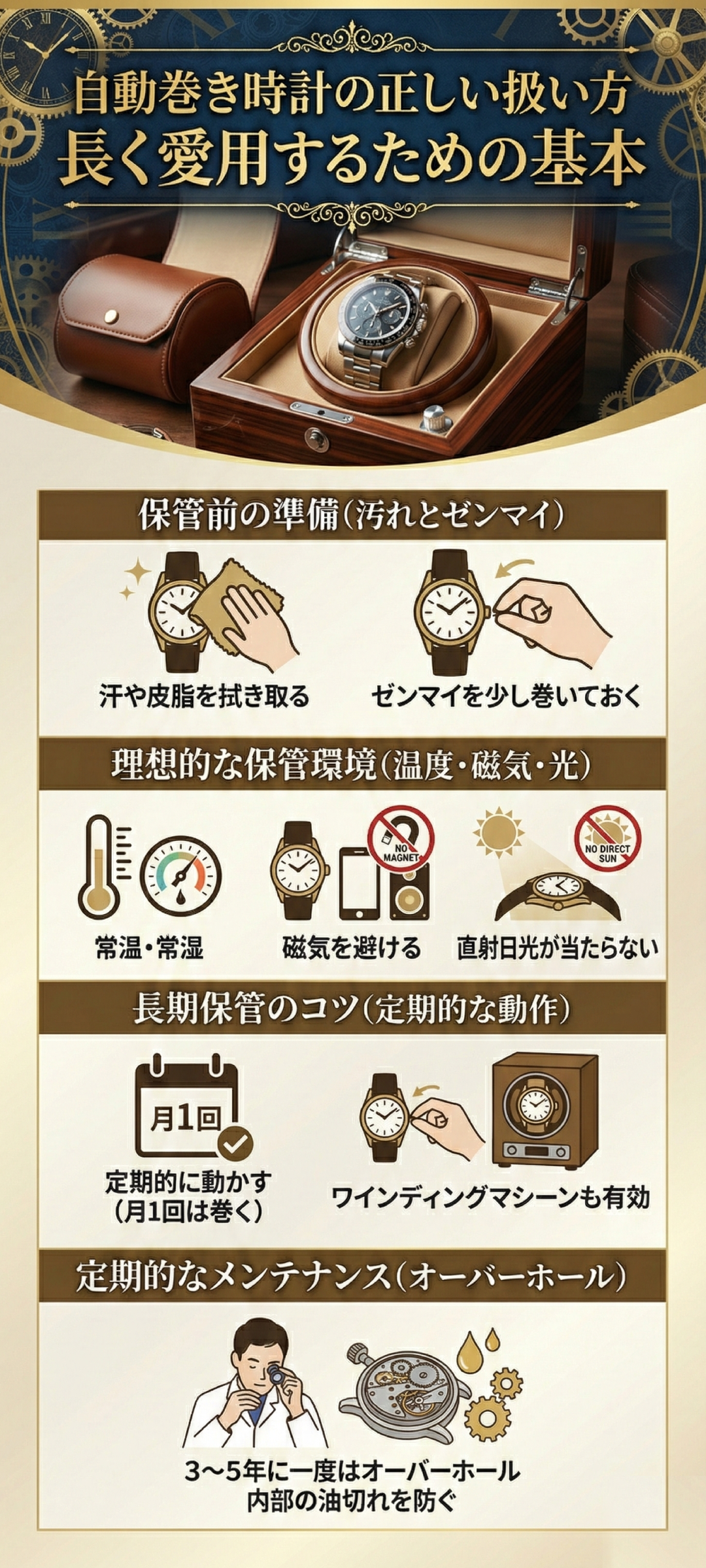 自動巻き時計を使わない時はどうする?正しい保管方法とメンテナンスのポイント