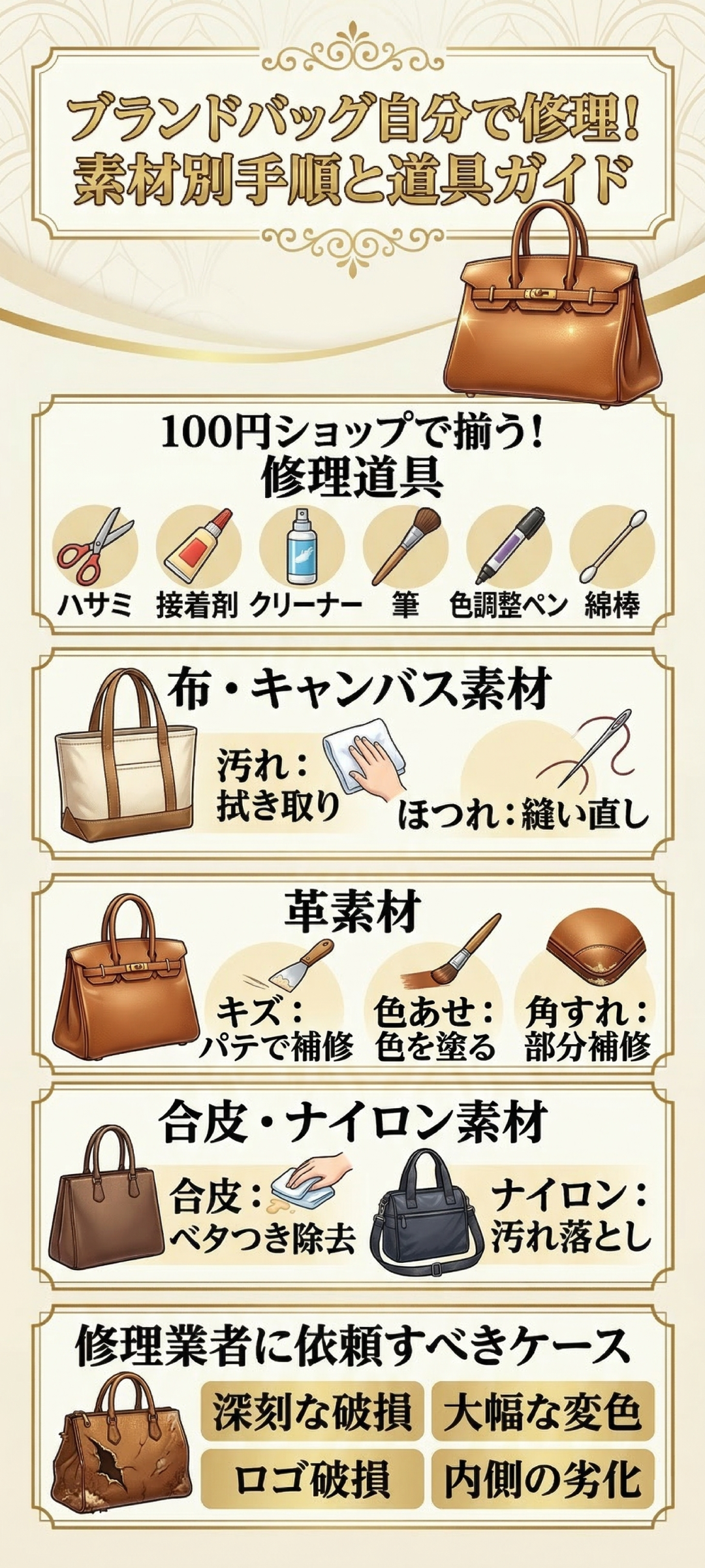カバン修理を自分で!布・革バッグの破れや持ち手・ファスナーを直す完全ガイド