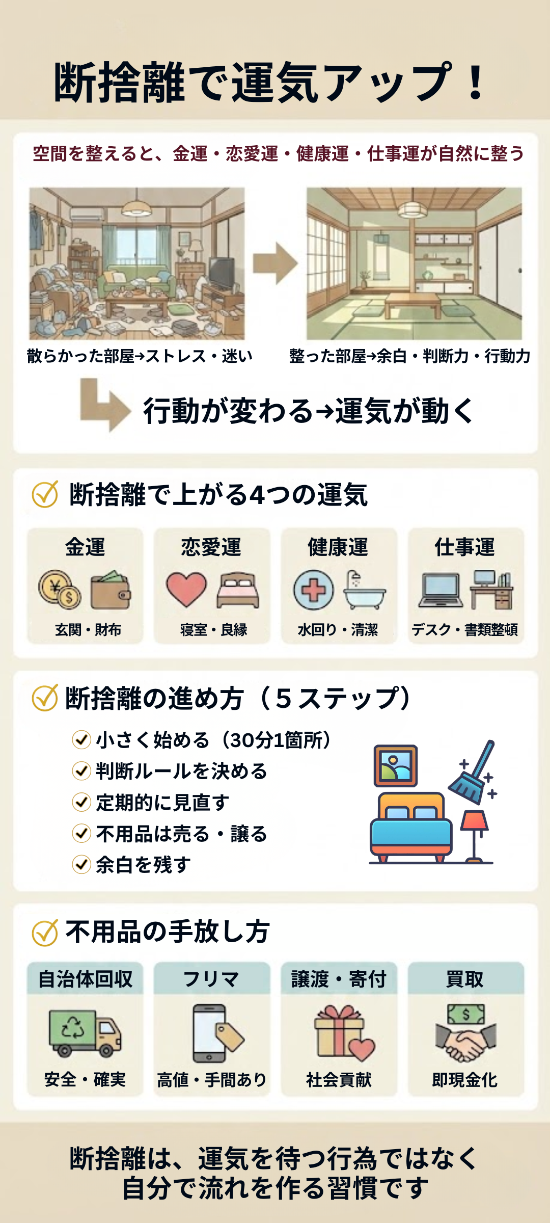 断捨離で運気が上がる？金運・恋愛運・健康運を上げる方法と不要品処分のコツをご紹介