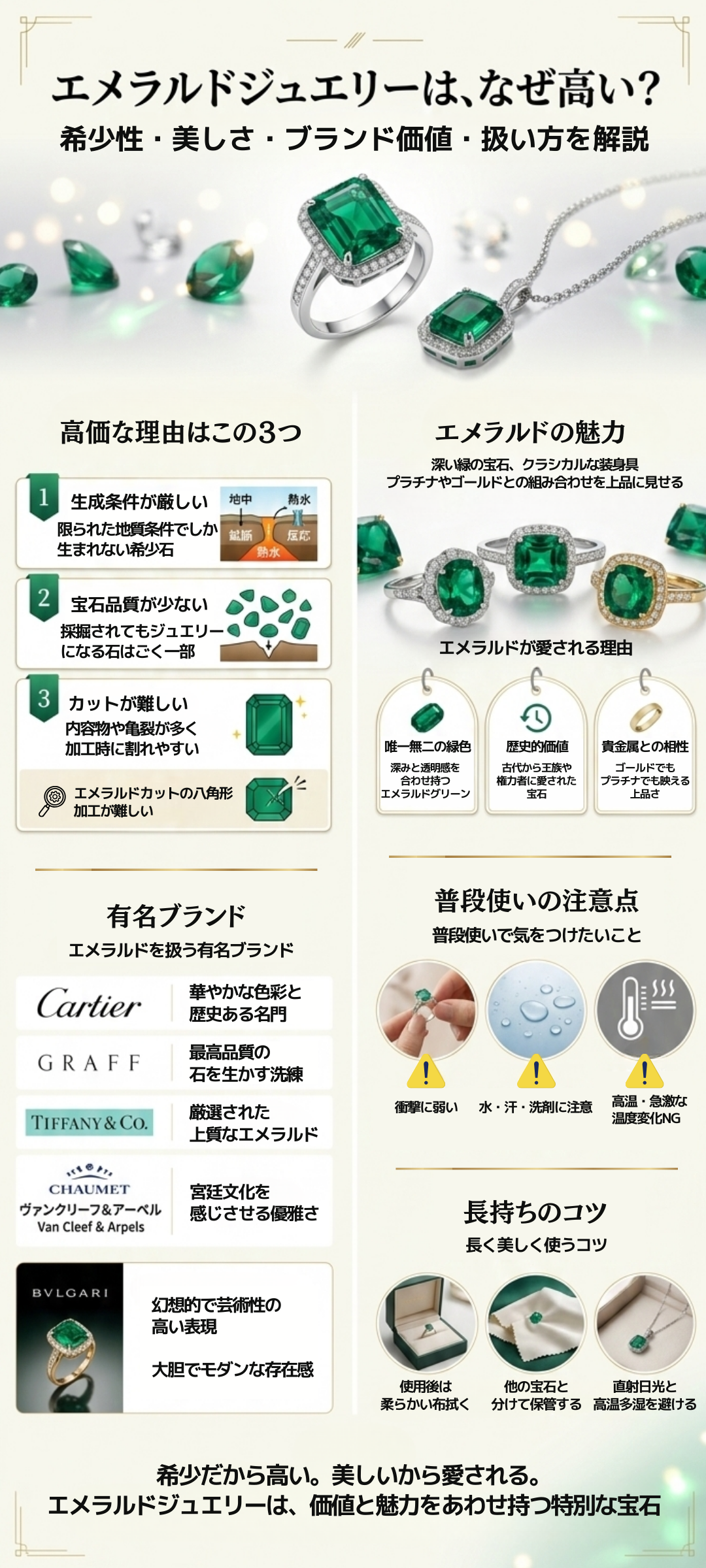 エメラルドジュエリーはなぜ高い？魅力や価値、エメラルドジュエリーを扱う有名ブランドなどを解説