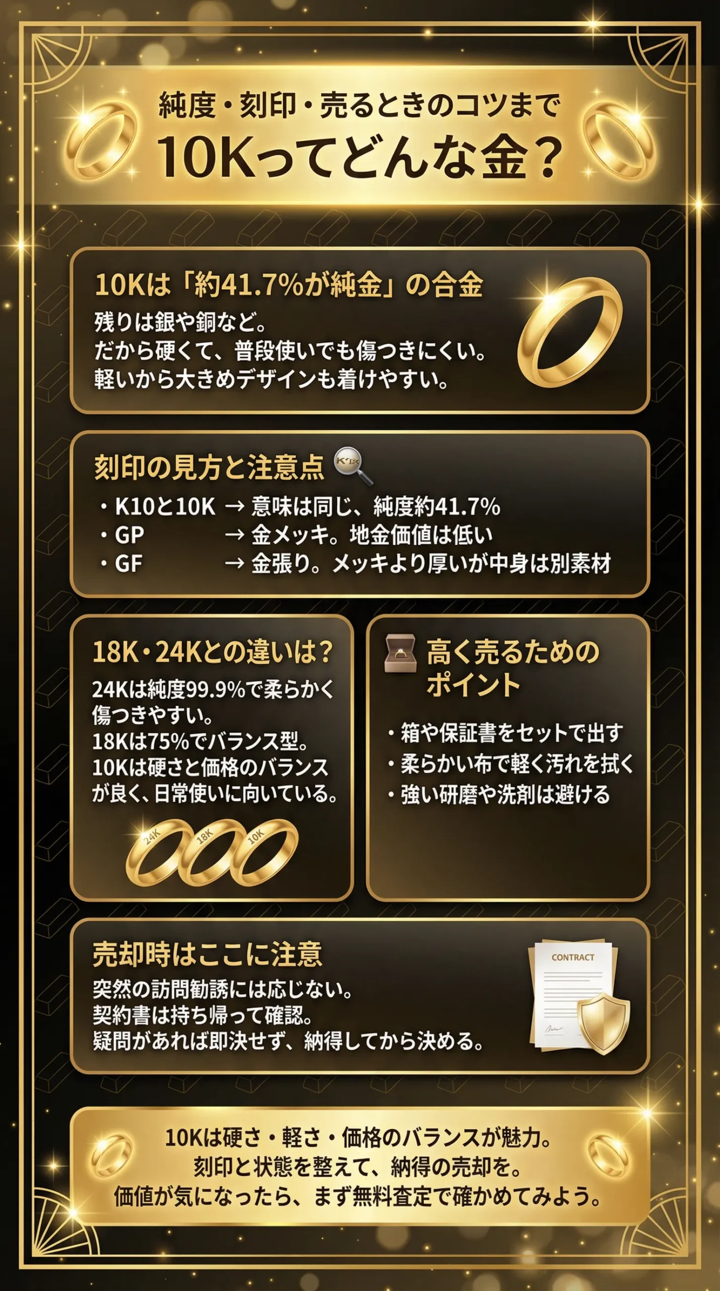 10Kとは?18K・24Kとの違いや高く売るポイント・売却時の注意点を解説
