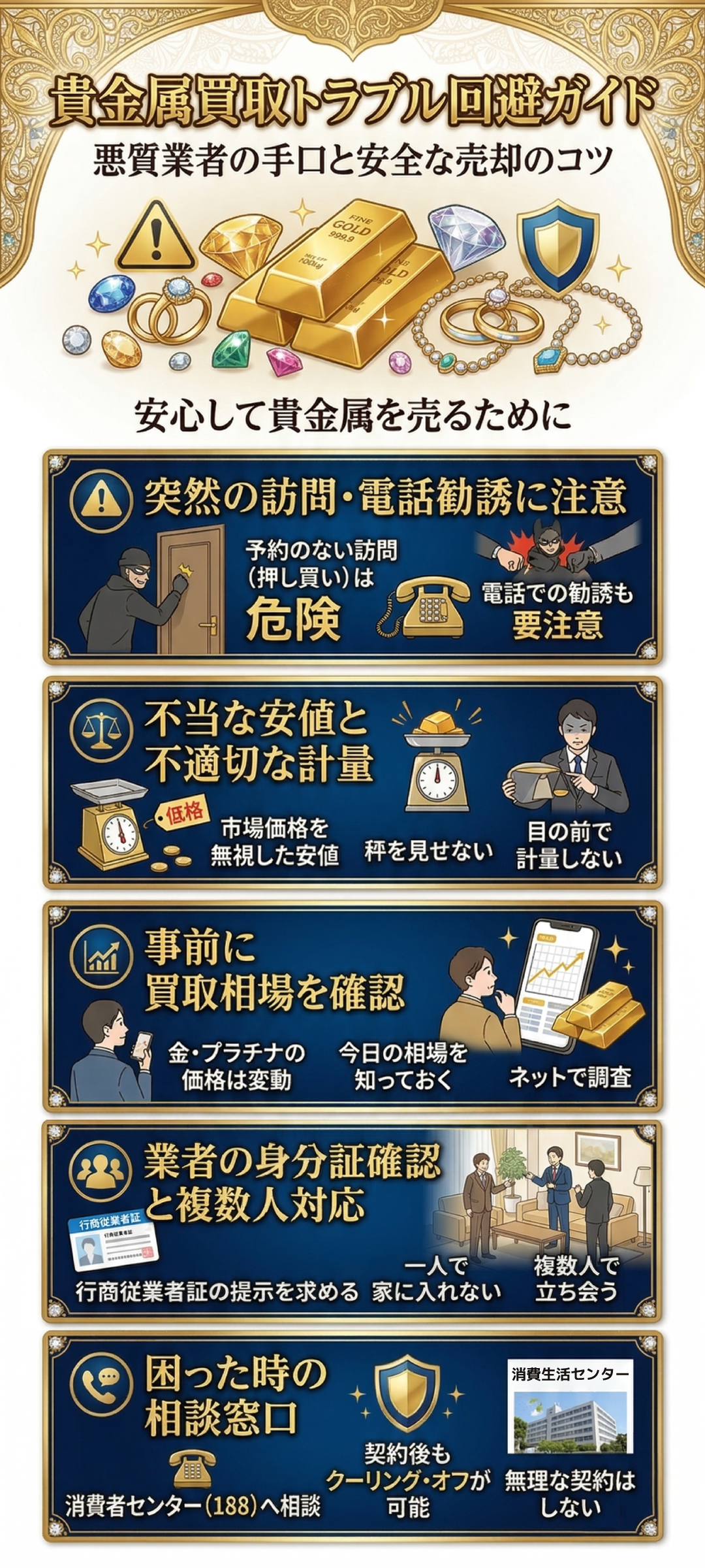 貴金属買取トラブルに遭わないためにはどうすれば良い?悪質業者の手口と安全に売るコツをご紹介