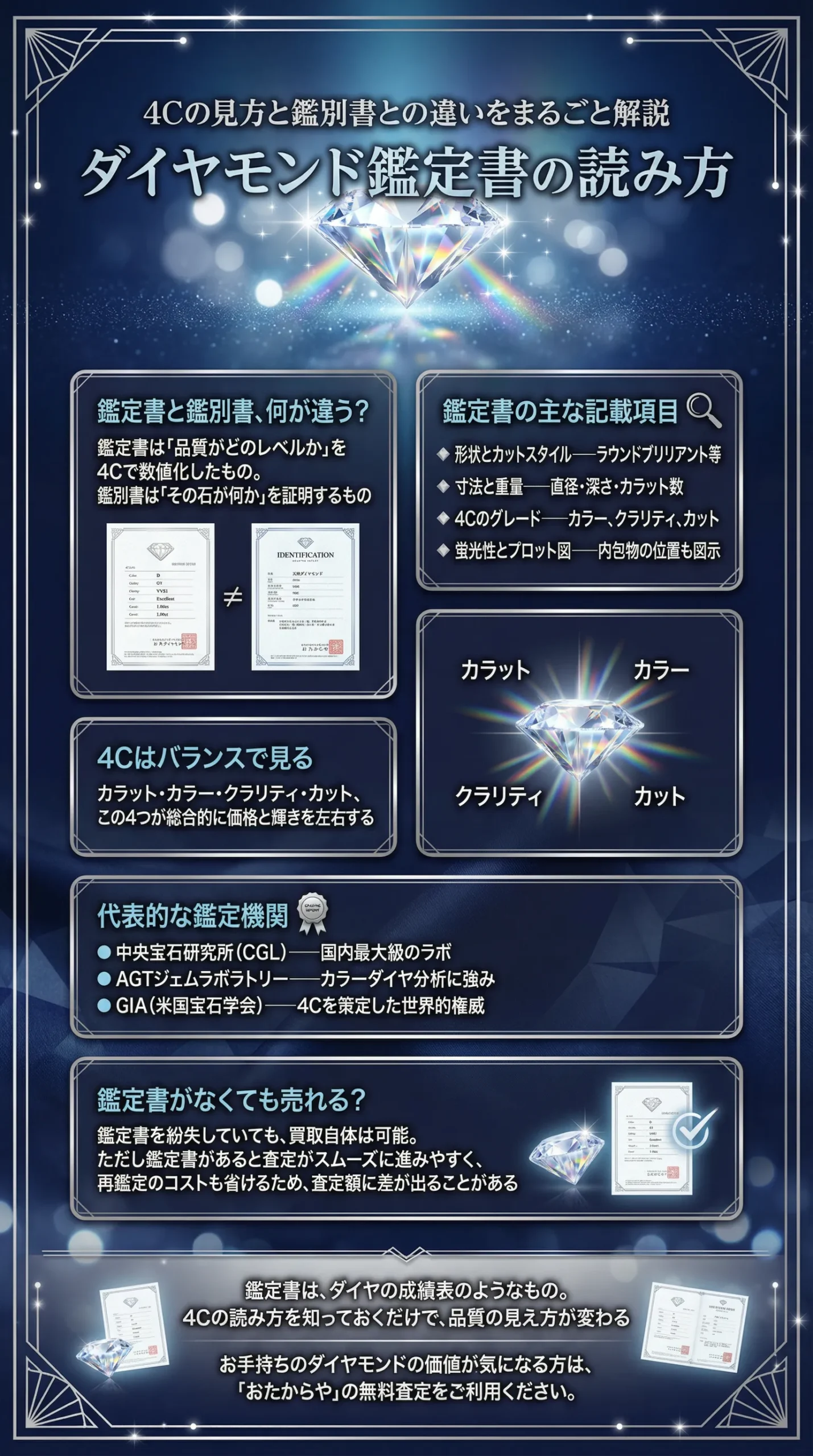 ダイヤモンド鑑定書(グレーディングレポート)の見方を徹底解説!鑑別書との違いや4Cのポイントも紹介
