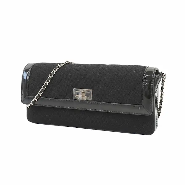 シャネル 2.55 ショルダーバッグ キャンバス コットンジャージー×パテント レザー ブラック×シルバー金具 肩掛け チェーンストラップ