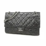 シャネル 2.55 ショルダーバッグ レザー ブラック×シルバー金具 チェーンストラップ Wフラップ