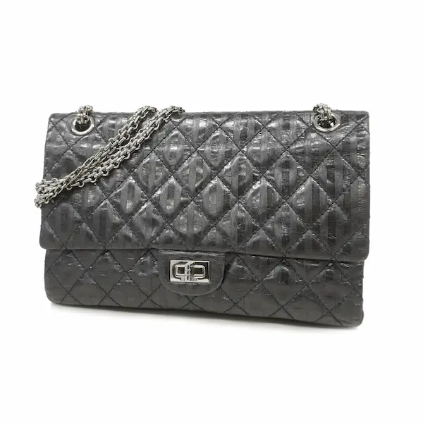シャネル 2.55 ショルダーバッグ レザー ブラック×シルバー金具 チェーンストラップ Wフラップ
