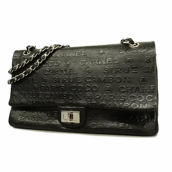 シャネル 2.55 ショルダーバッグ レザー ブラック×シルバー金具 チェーンストラップ デカアイコンWフラップ