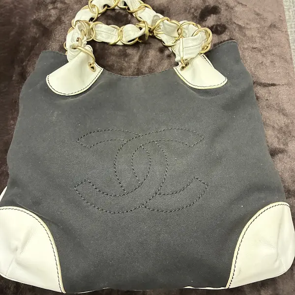 シャネル　デカココ　キャンバス レザー　チェーン　トートバッグ