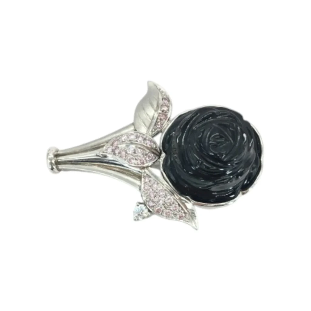 Pt･Pm900 黒石・ピンクダイヤ・ダイヤ ブローチ 0.57ct
