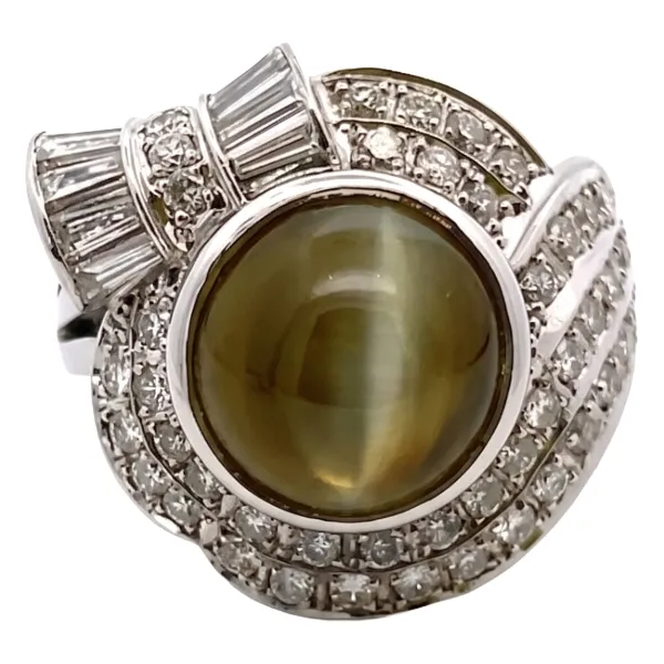 Pt･Pm900 クリソベリルキャッツアイ・ダイヤモンド リング C8.81・1.82ct