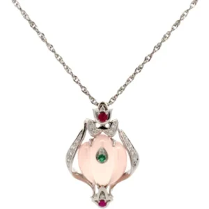 Pt850Pt900 ローズクォーツ・多色石 ネックレスペンダントトップ 18.00・D0.17・R0.23・E0.06ct