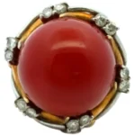 Pt900/K18 サンゴ・ダイヤモンド リング D0.27ct