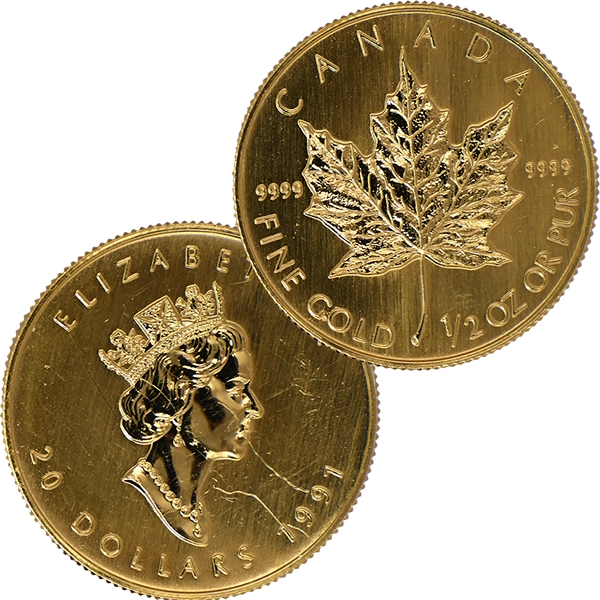 24金 (K24) メイプルリーフ金貨 1/2オンス 15.5g