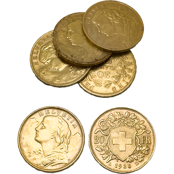 21.6金 (K21.6) スイス20フラン金貨 ヘルヴェティア6枚まとめ